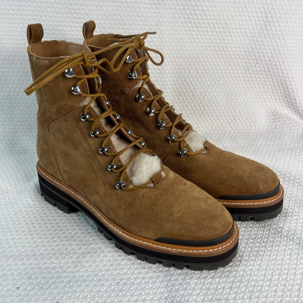 Marc Fisher LTD Izzie Tan Suede Shearling Lace Up Combat Lug Sole Boots 9.5M